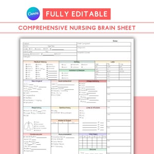 以下が含まれることがあります： 患者情報、病歴、バイタルサインのセクションがある「Comprehensive Nursing Brain Sheet」というタイトルの白とピンクのドキュメント。ドキュメントは完全に編集可能で、Canvaのロゴが含まれています。