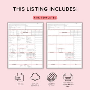 May include: A pink and white document template with the text "THIS LISTING INCLUDES: PINK TEMPLATES". Includes icons for PDF file, instant download, US Letter (8.5x11"), and print as many copies as you want.