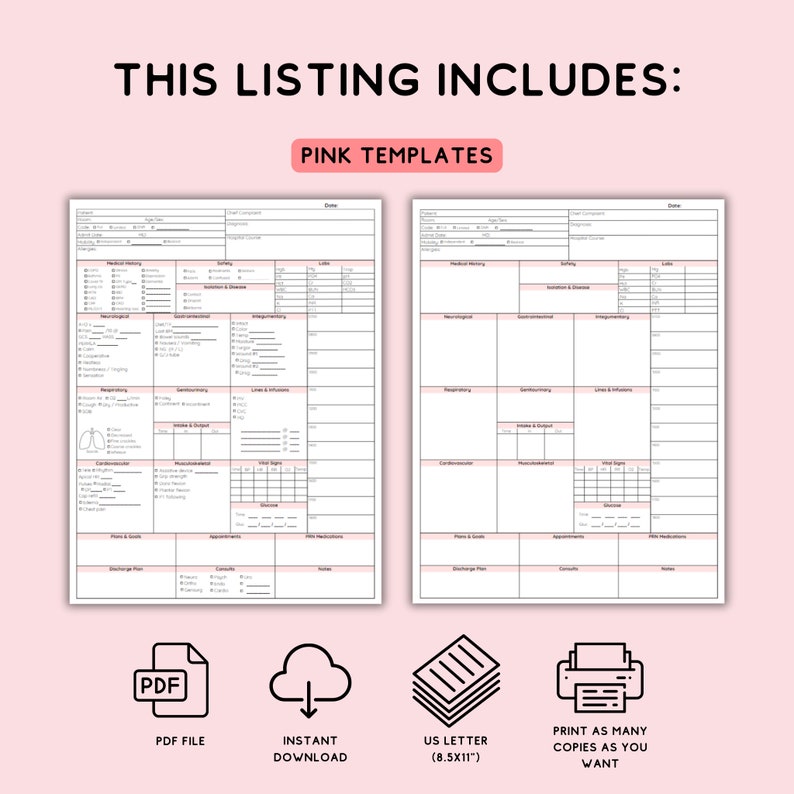 May include: A pink and white document template with the text "THIS LISTING INCLUDES: PINK TEMPLATES". Includes icons for PDF file, instant download, US Letter (8.5x11"), and print as many copies as you want.