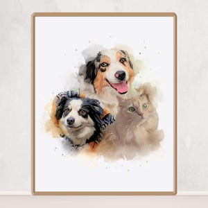 Personalized Multiple Pets Illustration – Soft Watercolor Dog and Cat Portrait from Photo, High Resolution Printable Artwork, Digital File