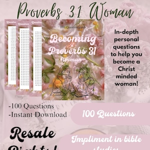 May include: A pink and white floral background with a book cover that says "Becoming a Proverbs 31 Woman". The book cover features a black and white illustration of two women praying. The text on the cover also says "100 Question guide". The text below the book cover says "In-depth personal questions to help you become a Christ minded woman!" and "100 Questions".
