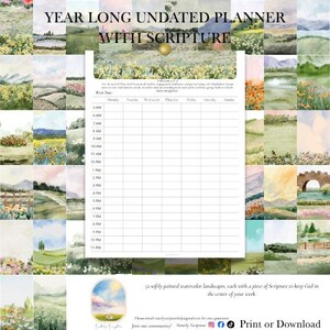 Undated Weekly Planner with Scripture, Watercolor Landscapes (Digital Download)