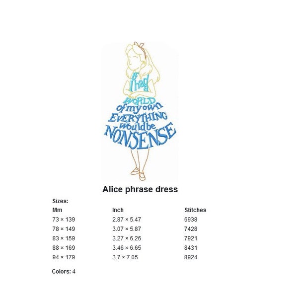 Alice im Wunderland Maschinenstickerei Design / Alice Dress Phrase Stickmuster / 5 Größen / Digitaler Download / Stickdatei herunterladen