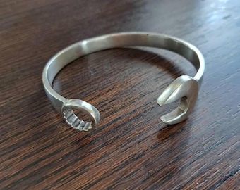 Sterling Silver Spanner Wrench Bangle: Punk Biker Cuff Bracelet