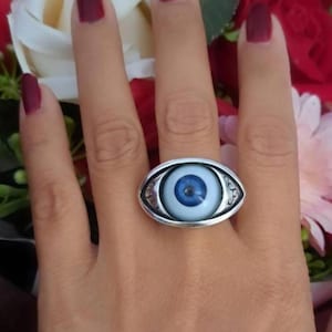 Sterling Silver Blue Evil Eye Ring: Gothic Occult Jewelry