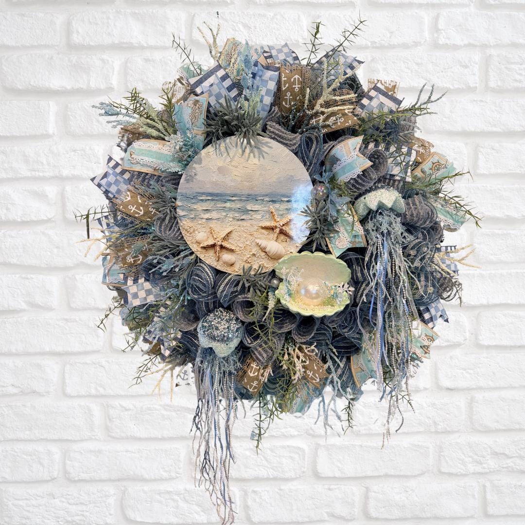 Coastal Beach Wreath Jellyfish Seashell Ocean Decor Nautical Door ...