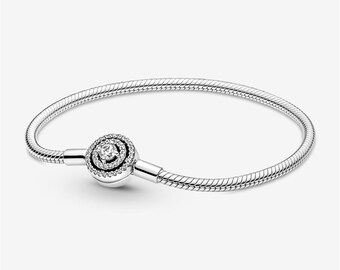 S925 Sterling Silver Moments Halo Snake Chain Bracelet,Fits Pandora Charms, Perfect Gift for Her