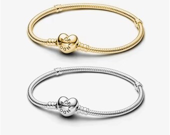 S925 Sterling Silver Moments Heart Clasp Snake Chain Bracelet, Fits Pandora Charms, Perfect Gift for Her