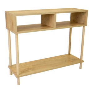 May include: A light wood console table with two shelves and four legs. The table has a simple, modern design.