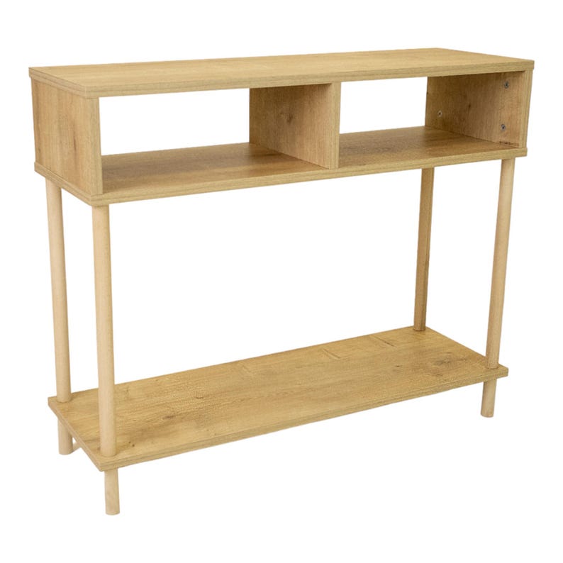May include: A light wood console table with two shelves and four legs. The table has a simple, modern design.