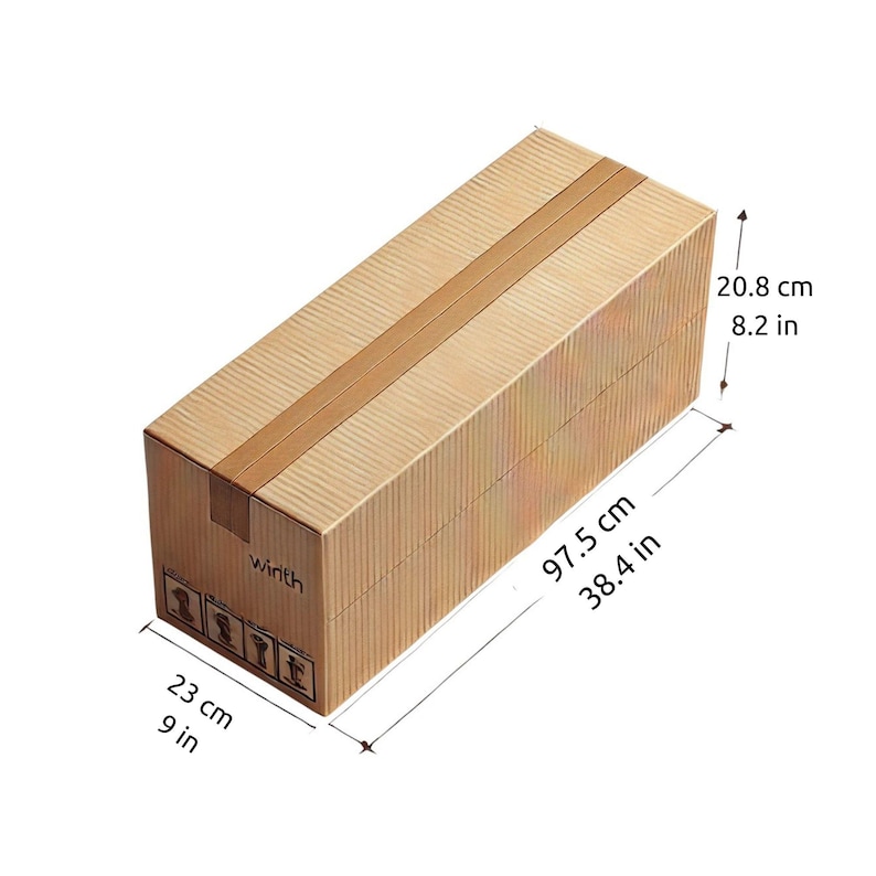 K&ouml;nnte beinhalten: Ein brauner Karton mit Klebeband, beschriftet mit "winth". Die Box misst 23 cm x 97,5 cm x 20,8 cm.