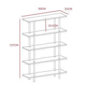 Op de afbeelding: Een boekenkast met vijf planken, een zwart metalen frame en houten planken. De boekenkast is 90 cm breed, 25 cm diep en 137 cm hoog. Elke plank is 29,5 cm diep.