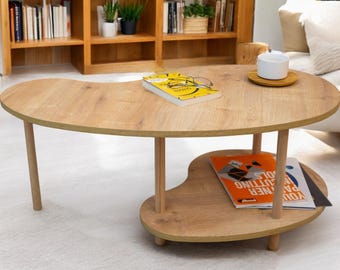 Bean Shape Coffee Table with Wooden Legs and Two Shelves – Magazine Rack & Newspaper Holder