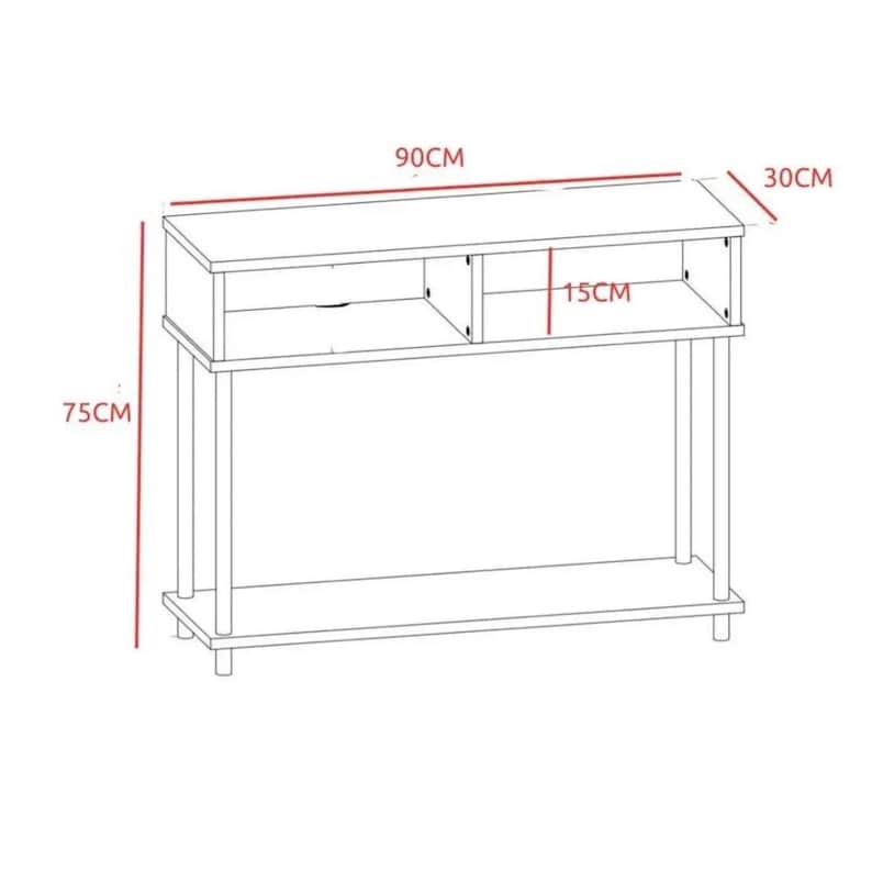 May include: A white console table with two shelves and open sides. The table is 90 cm wide, 75 cm tall, and 30 cm deep. The shelves are 15 cm deep.