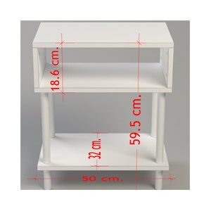 May include: White two-tiered shelf unit with a 50 cm wide base, 32 cm deep shelves, and 59.5 cm tall legs. The top shelf is 18.6 cm deep.