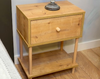 Modern Bedside Table with Wooden Legs, Drop Cover Shelf, and Organizer – Nightstand for Bedroom