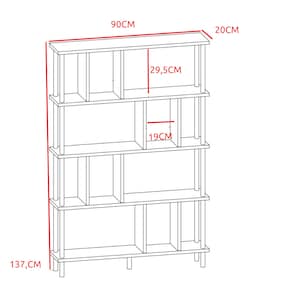 K&ouml;nnte beinhalten: Ein wei&szlig;es B&uuml;cherregal mit f&uuml;nf Regalb&ouml;den und einer Gesamth&ouml;he von 137 cm, einer Breite von 90 cm und einer Tiefe von 20 cm. Die Regalb&ouml;den sind in verschiedene F&auml;cher mit unterschiedlichen H&ouml;hen unterteilt, darunter 30 cm und 19 cm.