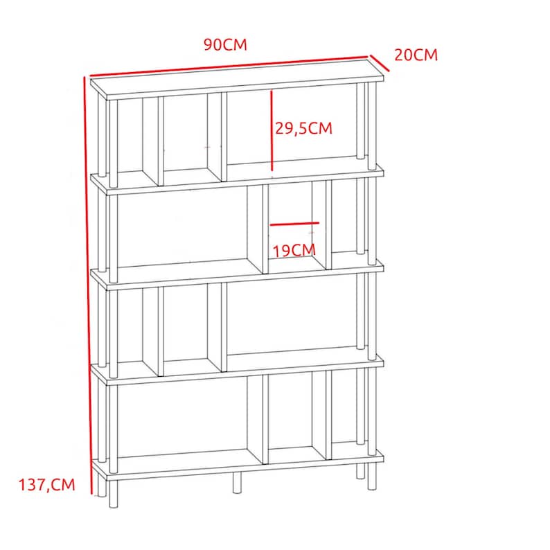 K&ouml;nnte beinhalten: Ein wei&szlig;es B&uuml;cherregal mit f&uuml;nf Regalb&ouml;den und einer Gesamth&ouml;he von 137 cm, einer Breite von 90 cm und einer Tiefe von 20 cm. Die Regalb&ouml;den sind in verschiedene F&auml;cher mit unterschiedlichen H&ouml;hen unterteilt, darunter 30 cm und 19 cm.