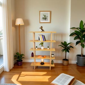 Op de afbeelding: Een licht houten boekenkast met vijf planken, met boeken, een kleine plant in een pot, een decoratief paardenbeeldje en een klok. De boekenkast staat in een kamer met een witte muur, een witte lamp en een plant in een pot.