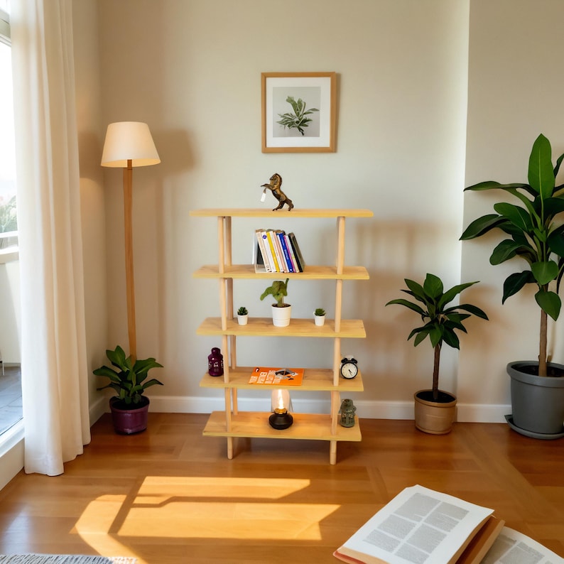 Op de afbeelding: Een licht houten boekenkast met vijf planken, met boeken, een kleine plant in een pot, een decoratief paardenbeeldje en een klok. De boekenkast staat in een kamer met een witte muur, een witte lamp en een plant in een pot.