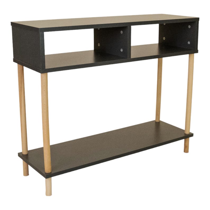 May include: A black console table with two shelves and wooden legs. The table has a modern design and is perfect for a living room or entryway.