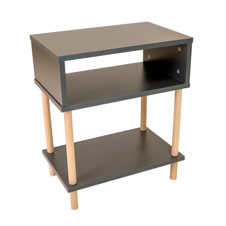 May include: A dark gray two-tiered end table with a shelf and four wooden legs.