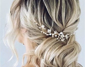 Bruids witte keramische bloemen parel haarkam, bruiloft gouden haarstuk, bruidsmeisje zilveren haaraccessoires