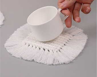 Hand-woven Cotton Rope Fringe Coasters White Square Coasters