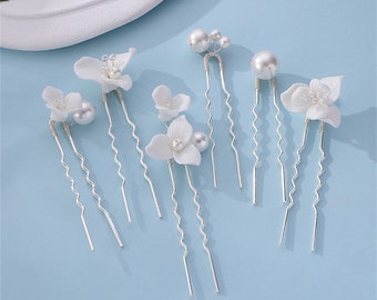 Alfileres de pelo de perlas de flores de cerámica nupcial 5pcs, accesorios para el cabello de la boda, pieza de pelo de dama de honor, boda boho