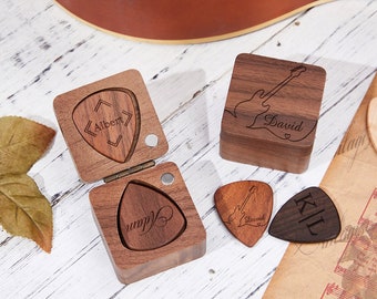 Personalized Guitar Picks,Custom Wooden Guitar Pick Box,Guitar Pick With Name,Wood Guitar Pick Organizer.Music Gift For Guitarist Musician