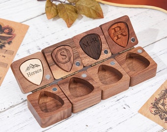 Custom Wooden Guitar Picks Box,Personalized Guitar Pick Holder Storage,Wood Guitar Plectrum Organizer Case,Music Gift For Guitarist Musician