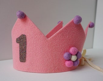 Couronne d'anniversaire, couronne en feutre, chapeau de fête, anniversaire de tout-petit, tenue d'anniversaire, couronne de déguisement, cadeau pour fille