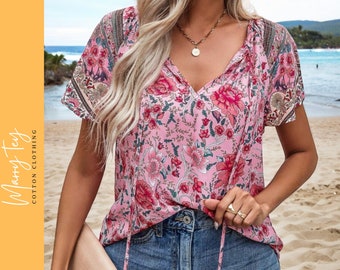 Boho bloemenprint blouse met V-hals | Zomertop met vetersluiting | Casual strandvakantieshirt voor dames