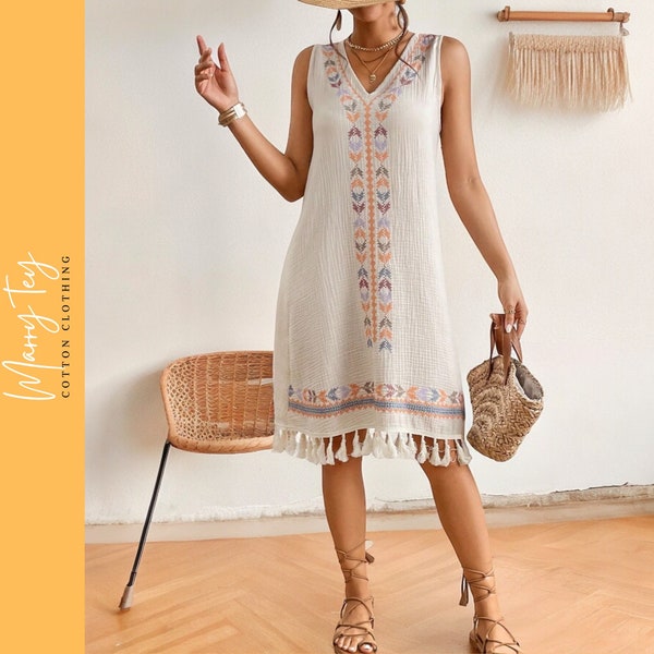 Geo Print Tassel Hem Tank Dress | V-Neck Maxi Dress | Summer Boho Dresses