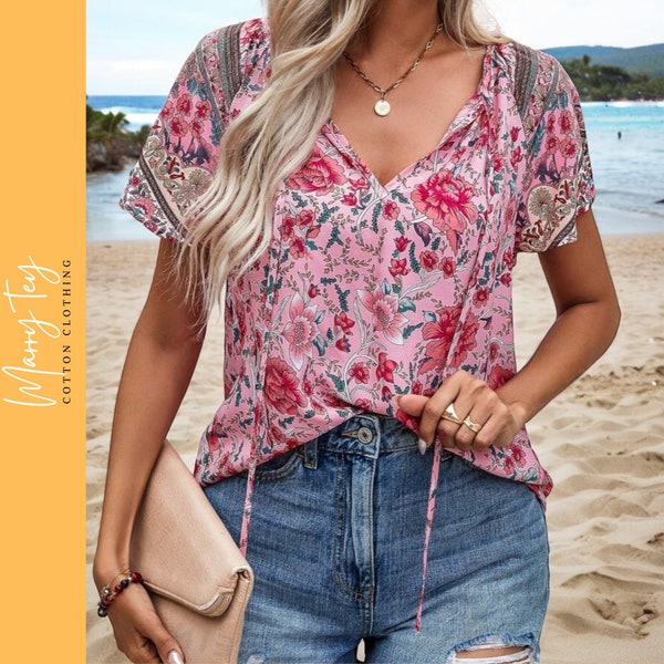 Blusa bohemia con cuello en V y estampado floral / Top de verano con lazo con cordones / Camisa informal para vacaciones en la playa para mujer