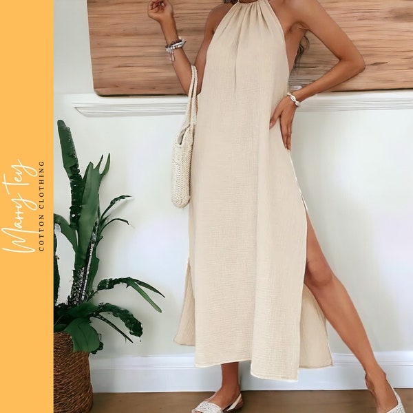Cotton Spring Summer Solid Halter Neck Backless Dress | High Slit Hem | Women's Long Beach Dress