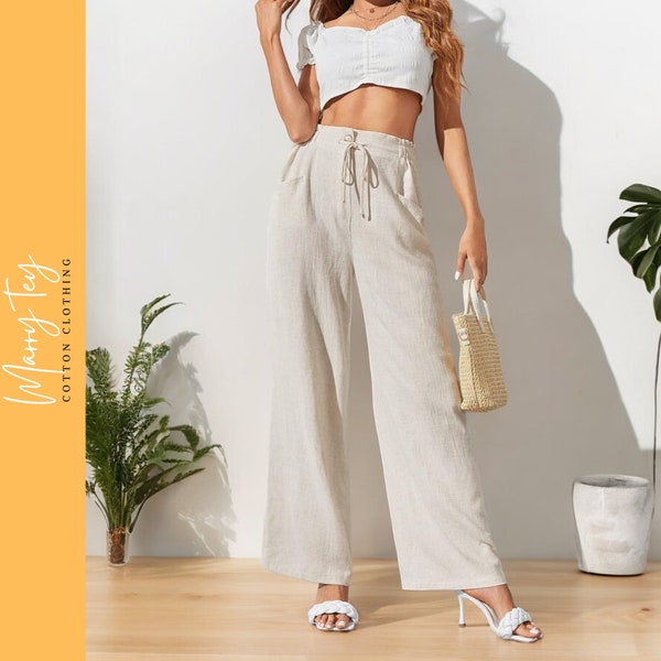 Linen Wide-Leg Women's Pants with Drawstring Waist | Casual and Comfortable Style | Versatile Pants for Women