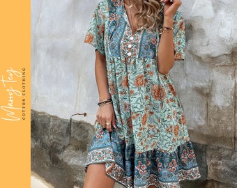 Bohemian Floral V-Neck Dress | Vacation Dress with Ruffle Sleeves | Flowy Summer Print Dress