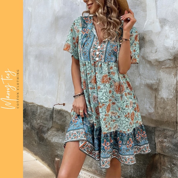 Bohemian Floral V-Neck Dress | Vacation Dress with Ruffle Sleeves | Flowy Summer Print Dress