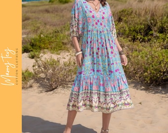 Maxi robe bohème à fleurs | Col en V d'été pour femmes avec manches courtes et pampilles à nouer | Robe de vacances longue à bretelles