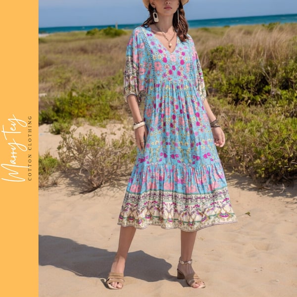 Boho Floral Print Maxi Dress | Summer Women's V-Neck with Short Sleeves & Tassel Tie | Long Strappy Holiday Dress
