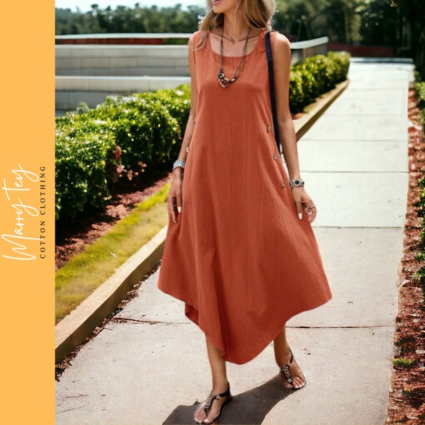 Sleeveless Cotton Midi Dress with Button Details | Casual and Chic Summer Outfit for Women | Asymmetrical Hem Tank Dress in Solid Rust Dress