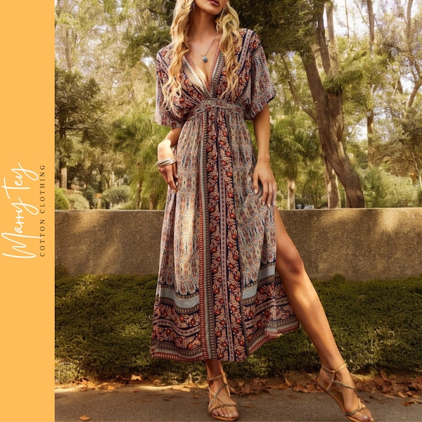 Bohemian Geo Print Dress with Plunging Neckline and Thigh-High Split | Exotic and Elegant Summer Dress