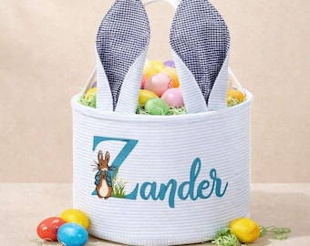 Boys Personalized Easter Basket, Embroidered Bunny Basket, Seersucker Easter Basket, Blue Easter Basket, Kids Bunny Basket with Name