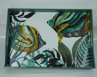 Rect tray with couple fishes pattern inlay