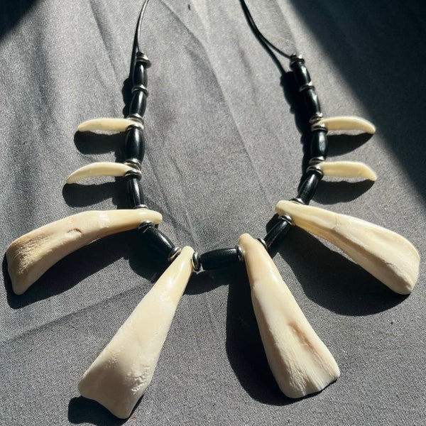 Women's BUFFALO BONE & STEEL necklace | Teeth  | Bone  | Beaded  | Animal Teeth | Tribal Necklace | Buffalo Teeth Necklace