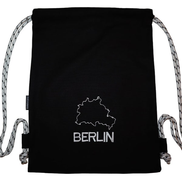 BERLIN mit Umriss Turnbeutel bestickt, nicht bedruckt grau Tasche Rucksack nett Geschenkidee Made in Germany