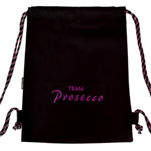 schwarzer Team Prosecco Turnbeutel Tasche bestickt Tasche Rucksack nachhaltig unkompliziert und langlebig Blitzversand aus dem Allgäu