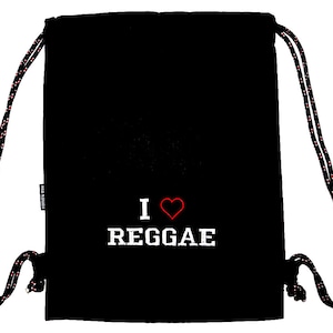 May include: Black drawstring bag with a white graphic that says "I love reggae" with a red heart.