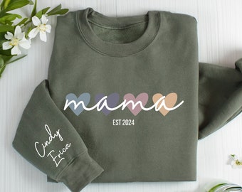 Personalized Mama Sweatshirt With Kids Names, Personalized Mom Sweatshirt, Custom Mama Sweatshirt with Kid Name on Sleeve, Custom Mama Est